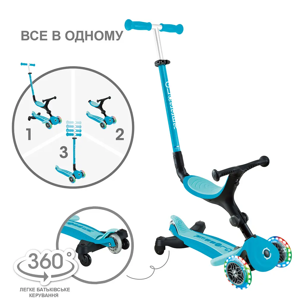Самокат Globber Go Up Active Lights 360 колеса светятся до 20/50кг от 1 года голубой (749-300) - фото 2