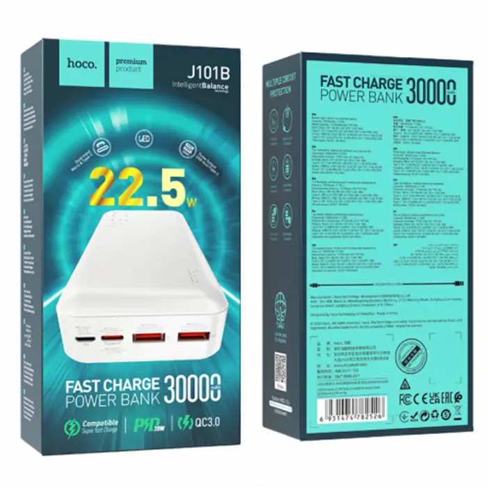 Зовнішній акумулятор Power bank HOCO J101B Astute 22.5 W 30000 mAh PD22,2W+QC3.0 батарея швидке заряджання Білий - фото 3