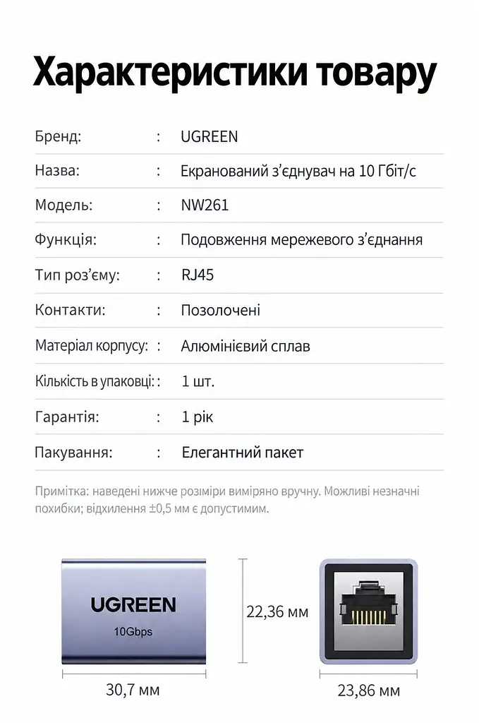 З’єднувач мережевих кабелів UGREEN NW261 Ethernet з двома гніздами RJ45 до 10 Гбіт/с без окремого живлення з металевим екрануванням з позолоченими контактами темно-сірий (15117) - фото 2