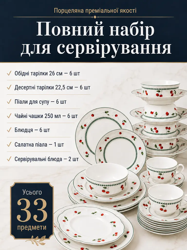 Столовий сервіз із порцеляни 33 предмети на 6 персон білий з вишнями (37261980) - фото 4