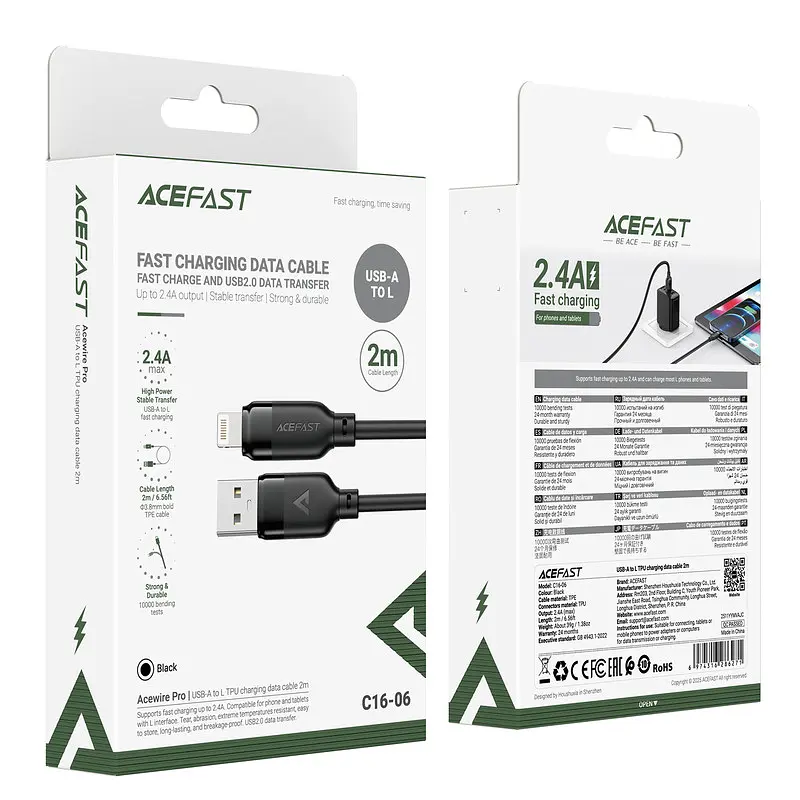 Кабель ACEFAST C16-06, USB to iP, 2.4A, 2m, TPE, TPU connectors, Чорний - фото 2