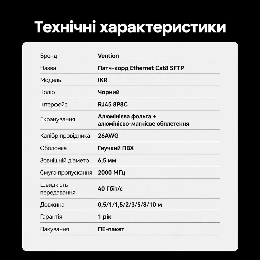 Патч-корд Ethernet Vention 1 м LAN-кабель RJ45 8P8C на обох кінцях Cat8 теоретично до 40 Гбіт/с за підтримки 40GBASE-T обома портами та відповідності всіх компонентів мережевого каналу Cat8 подвійне екранування SFTP гнучка оболонка з ПВХ смуга пропускання 2000 МГц чорний (IKRBF) - фото 7