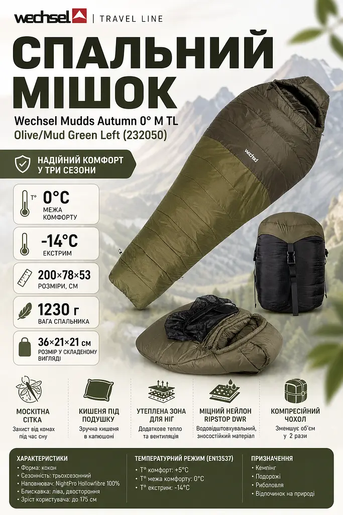 Спальний мішок Wechsel Mudds Autumn 0° M TL Olive/Mud Green Left (232050) - фото 3