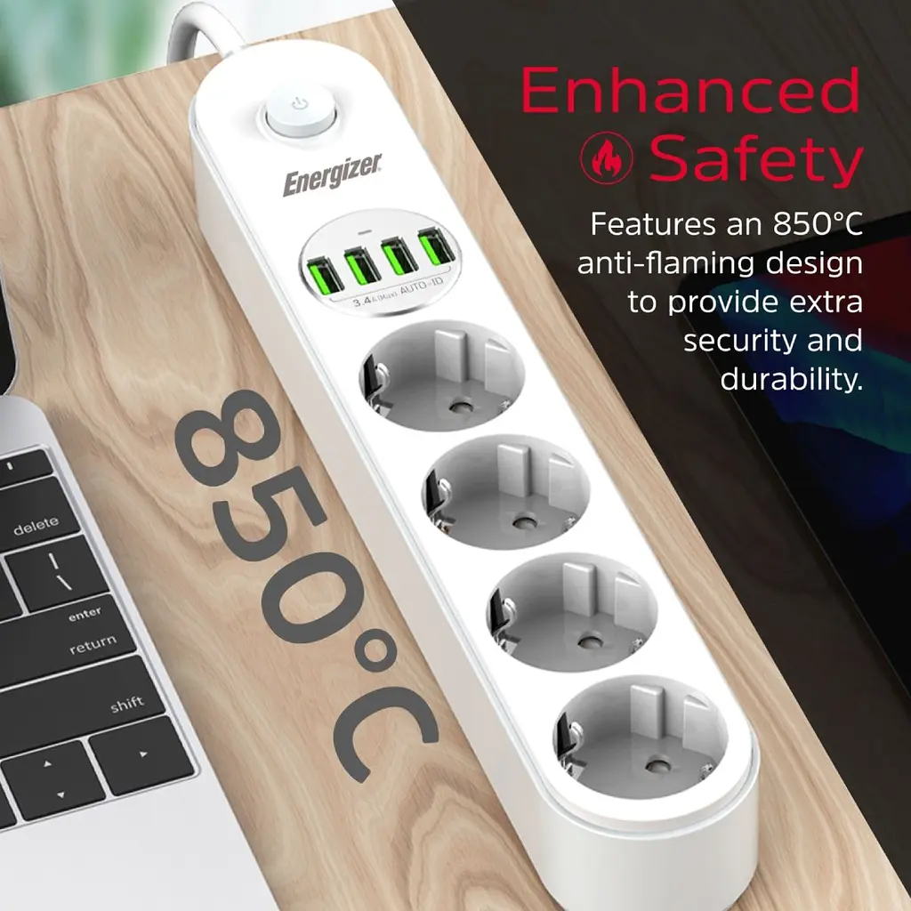 Сетевой фильтр Power filtr 2.0м Energizer 4 розетки, 4xUSB 3.4A, с заземлением белый (EPB2500W00EU) - фото 3