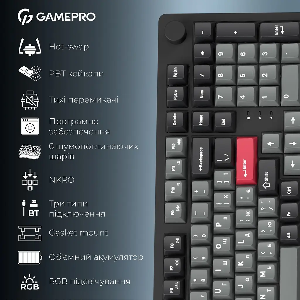 Клавіатура GamePro Asgard Drakkar Keychron Super Red Switch Wireless/Bluetooth/USB Black бездротова (MK305BK) - фото 7