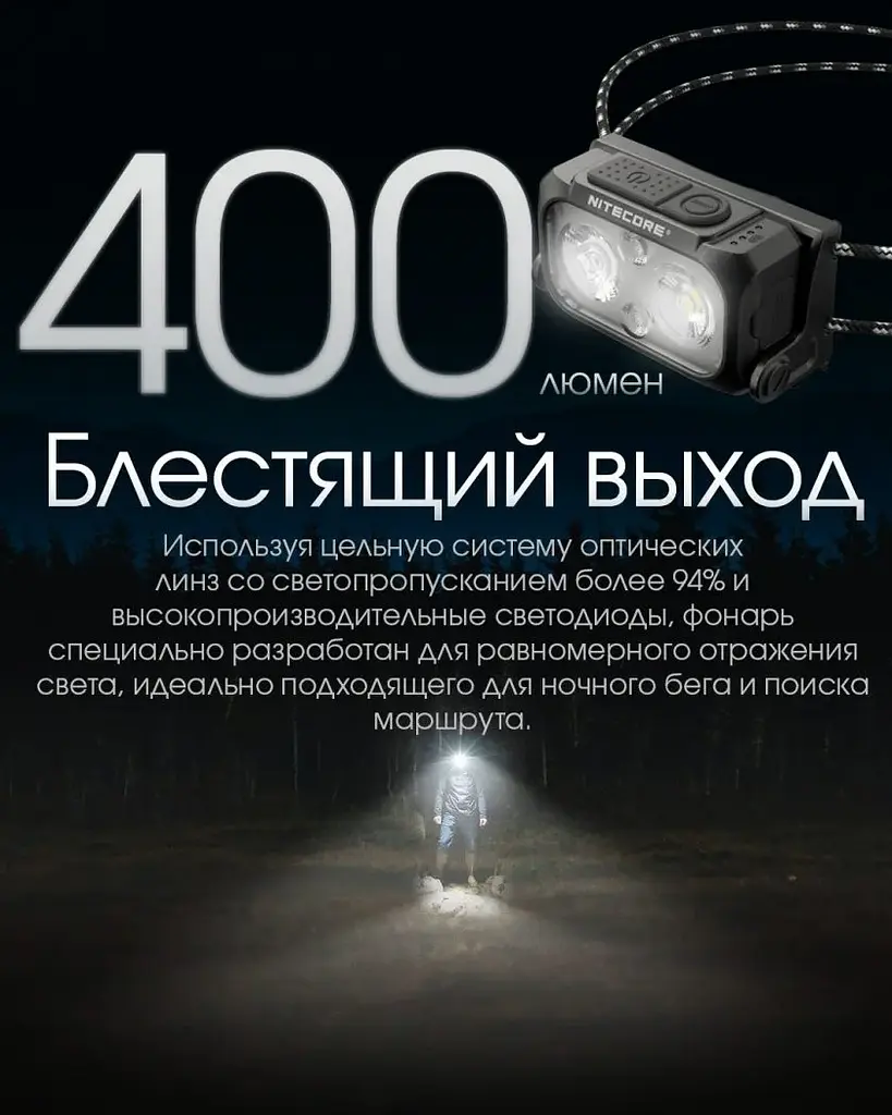Налобний легкий ліхтарик Nitecore NU25 UL New з білим та червоним світлом (Чорний) - фото 10