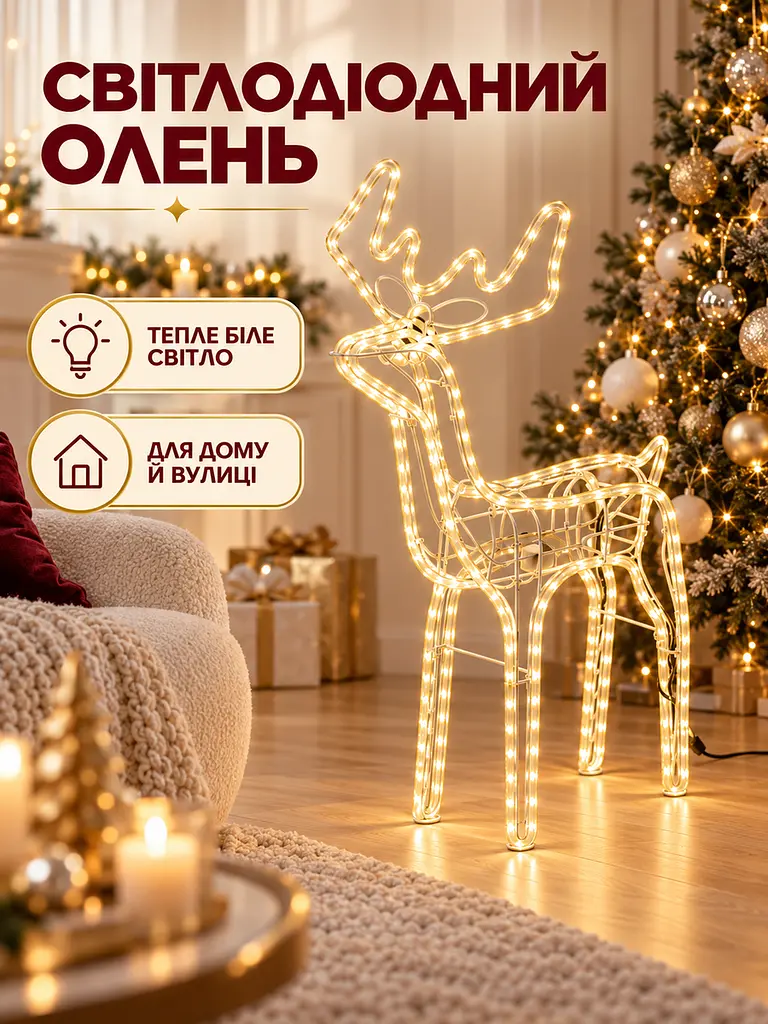 Світлодіодна фігура олень 95 см з поворотом голови для дому та вулиці теплий білий (32001551) - фото 2