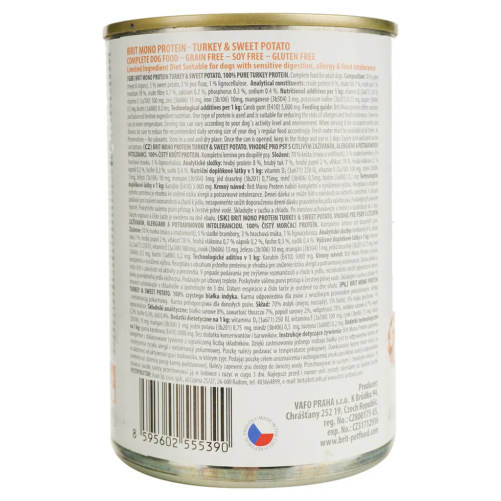 Монопротеиновый влажный корм для собак с чувствительным пищеварением Brit Mono Protein Turkey & Sweet Potato с индейкой и бататом 400 г - фото 5