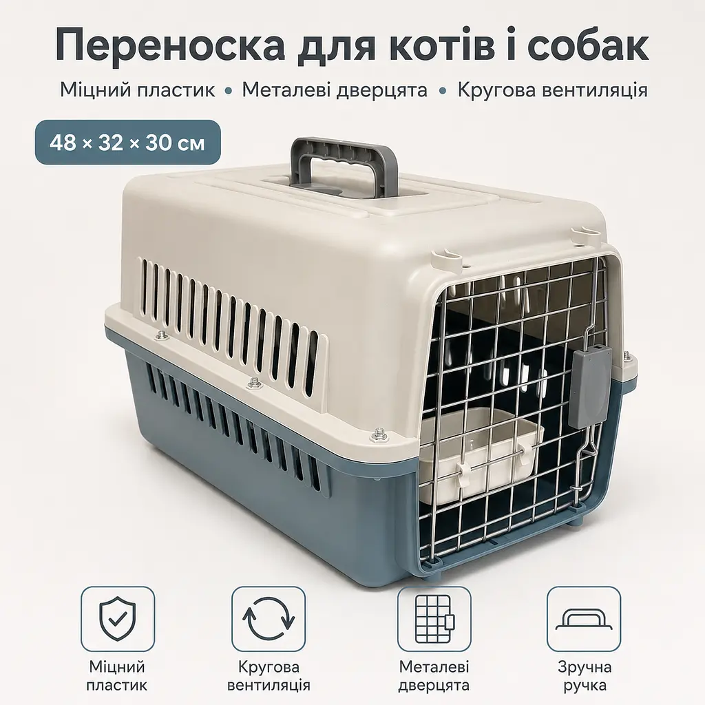 Переноска для котів і собак до 12 кг 48×32×30 - вентильована з комплектом (підвісна миска та пластикова підлога) KT8002002 - фото 6