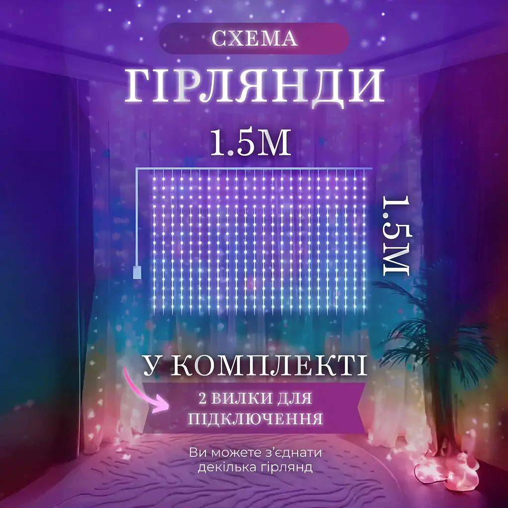 Гирлянда-штора GarlandoPro светодиодная 64 LED размер 1,5x1,5 м, мультиколор (ZWM2160LEDML) - фото 3
