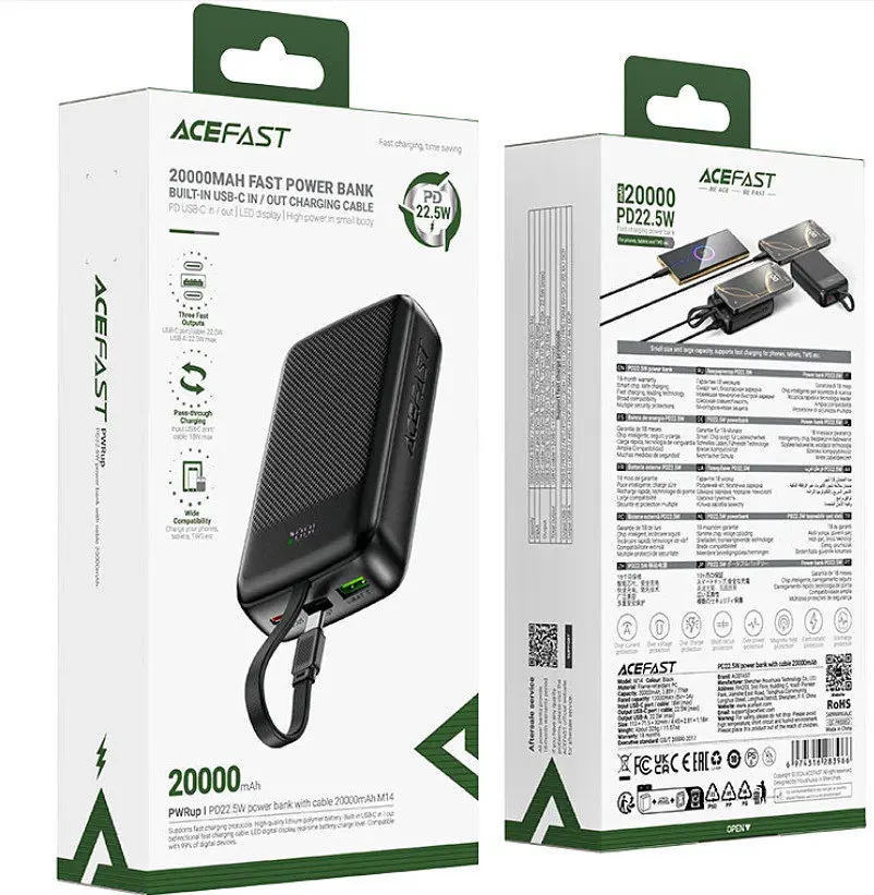 Зовнішній аккумулятор ACEFAST M14 PD20W power bank with cable 20000mAh Чорний - фото 2