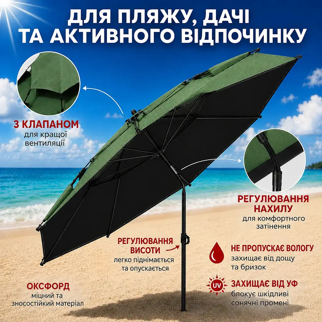 Зелена Парасолька туристична з чохлом 210 см / Восьмикутна парасолька для риболовлі, кемпінгу та пляжу - фото 3