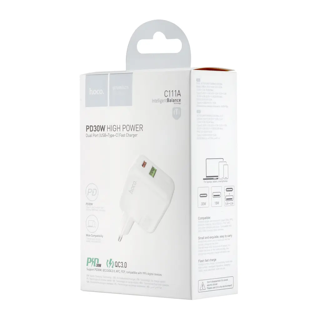 Мережевий зарядний пристрій Hoco C111A Lucky dual-port PD30W + QC3.0 charger ( EU ) Білий - фото 2