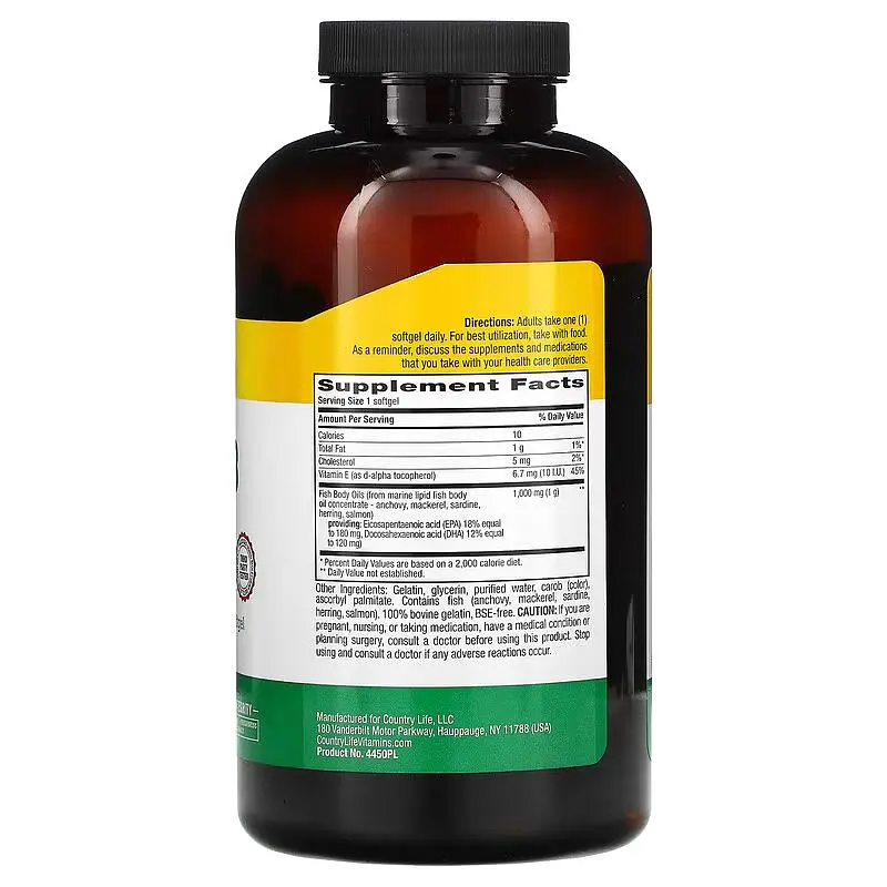 Жирні кислоти Country Life Omega-3 1000 mg Natural, 300 капсул - фото 2
