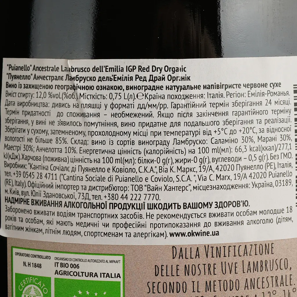 Вино игристое Puianello Ancestrale Lambrusco dell'Emilia IGP Organic красное сухое 0.75 л - фото 4