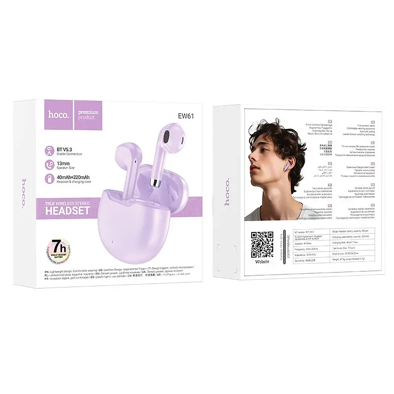 Наушники Hoco June true wireless BT headset EW61 |BT5.3, 40/320mAh, 7h| purple - фото 3