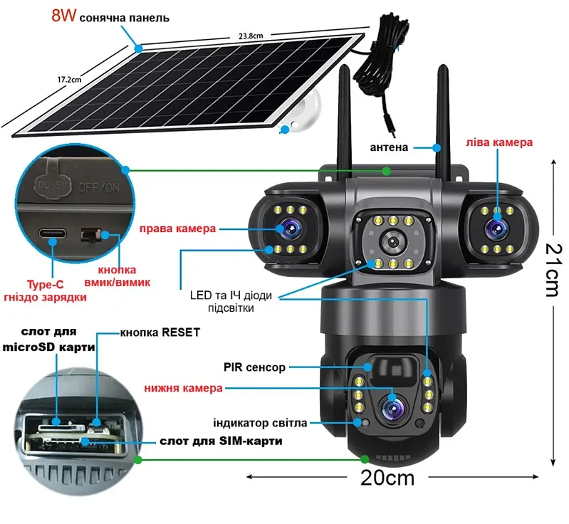 Вулична 4G камера VTS28-G 15Мп  з 3 лінзами  сонячна панель зарядки акумулятор 8000мАг  PIR сенсор руху - фото 2
