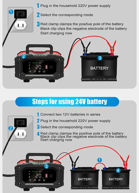 Зарядное устройство Foxsur 12V-8A/24V4A 12V-20A для автомобильного аккумулятора - фото 7