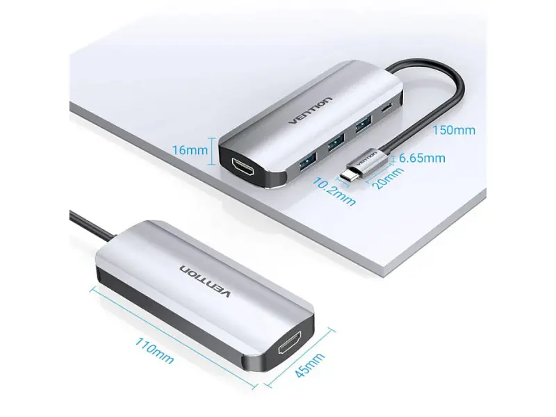 Мультипортовий адаптер Vention 5-in-1 USB-C to HDMI/USB3.0x3/PD (THFHB) - фото 4
