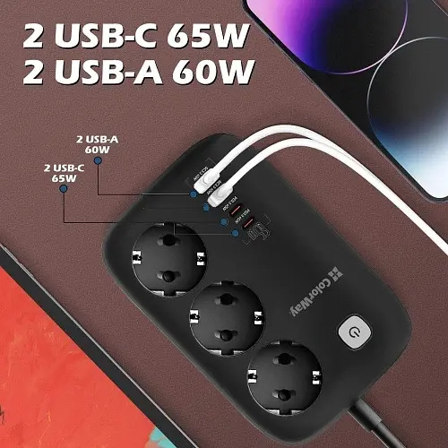 Мережевий фільтр GaN3 Pro, 3 розетки, 2 м, Black ColorWay teh0028200 - фото 7