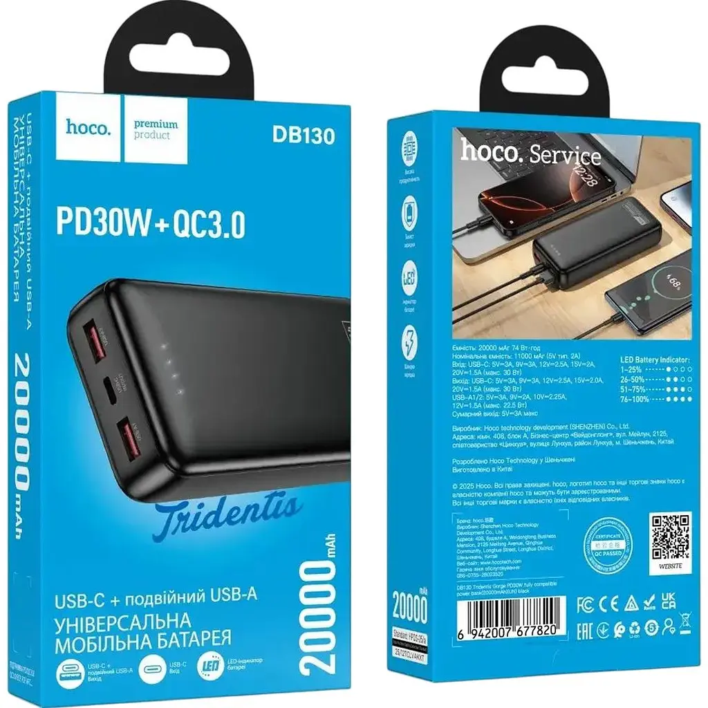 Зовнішній акумулятор Hoco DB130 Tridentis 20000mAh 30W Black [168599] - фото 4