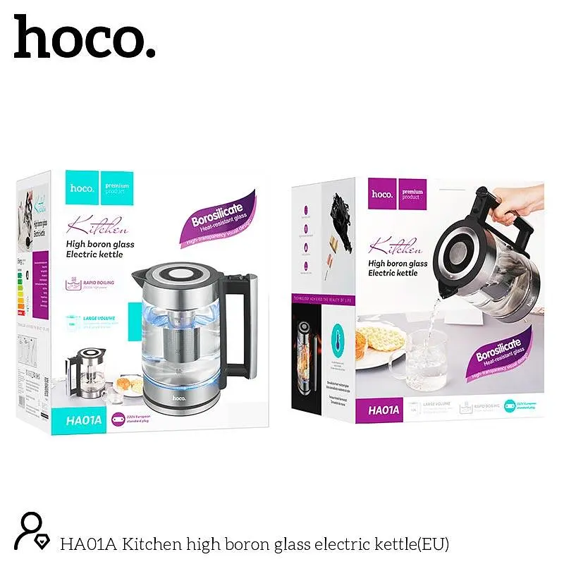 Електрочайник Hoco HA01A Kitchen high boron glass electric kettle 1.8L скляний з підсвіткою блакитною - фото 5