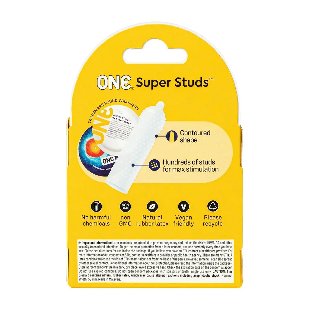 Презервативи ONE Super Studs, 3 шт, з точковим рельєфом, зі змазкою, паковання — картонна коробка - фото 2