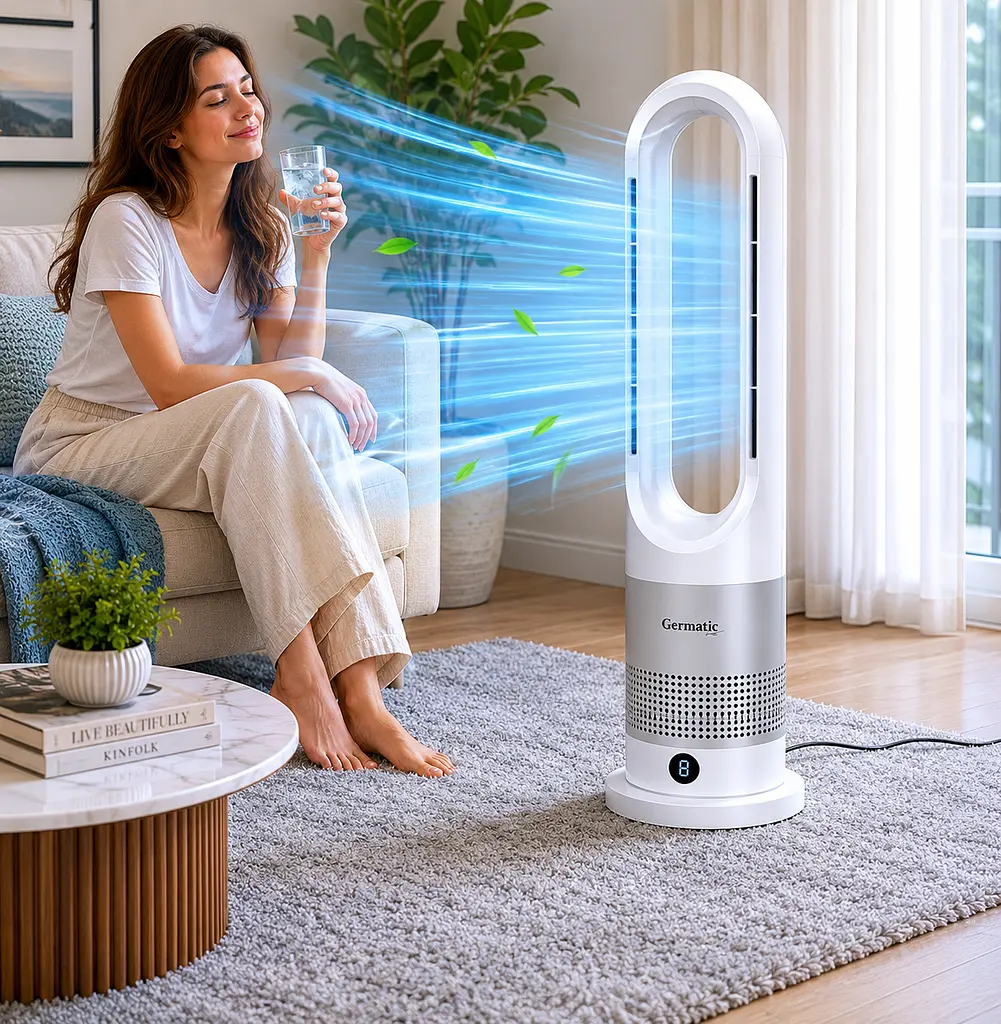 Мобільний безлопатевий вентилятор Germatic 2в1 автоповорот 80° / Кондиціонер зима-літо AM-030JR 1200W+ пульт ДУ - фото 2