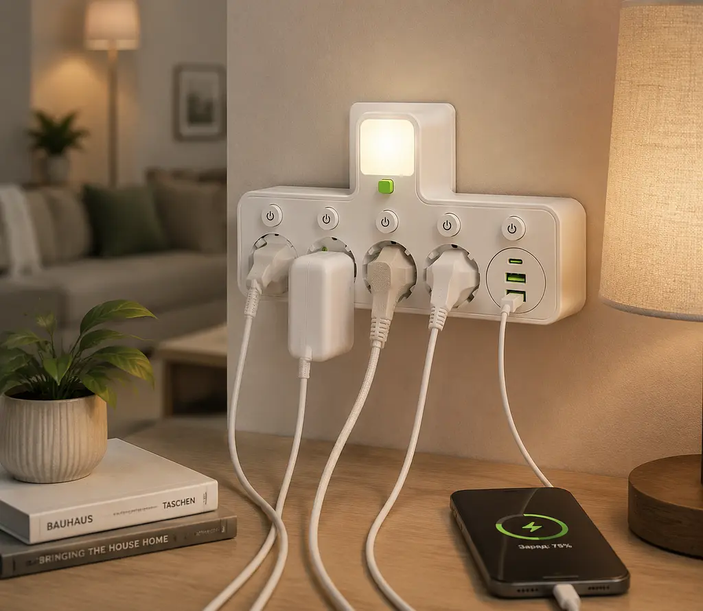 Мережевий фільтр 4 розетки + USB / адаптер на 4 розетки + USB з індивідуальними кнопками та LED-підсвічуванням Білий - фото 4