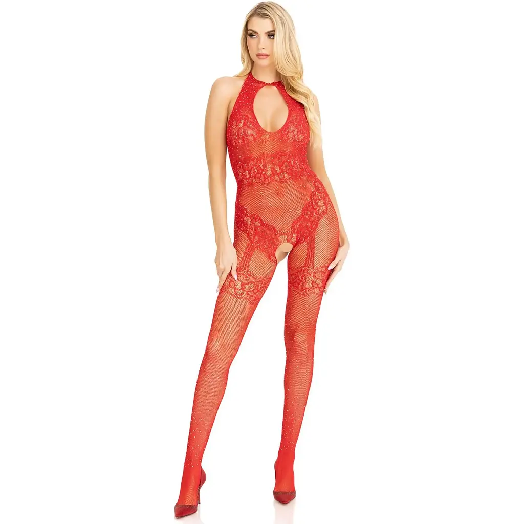 Бодистокинг Leg Avenue RhinestOne Lace and Net Bodystocking Red One Size - фото 5