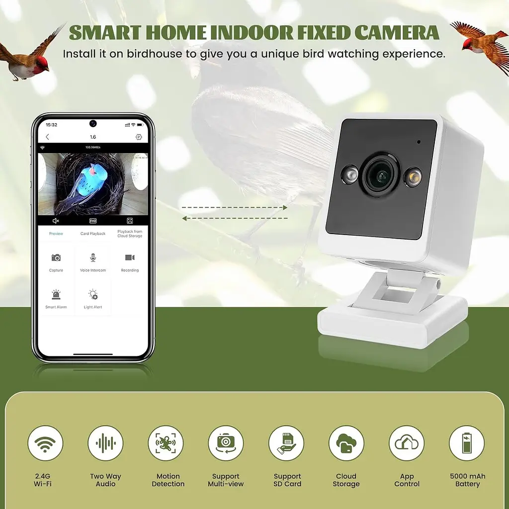 Ideashop Смарт скворечник с беспроводной камерой 3MP, 13" H подвесной деревянный птичий домик для улицы, внешняя камера - фото 3