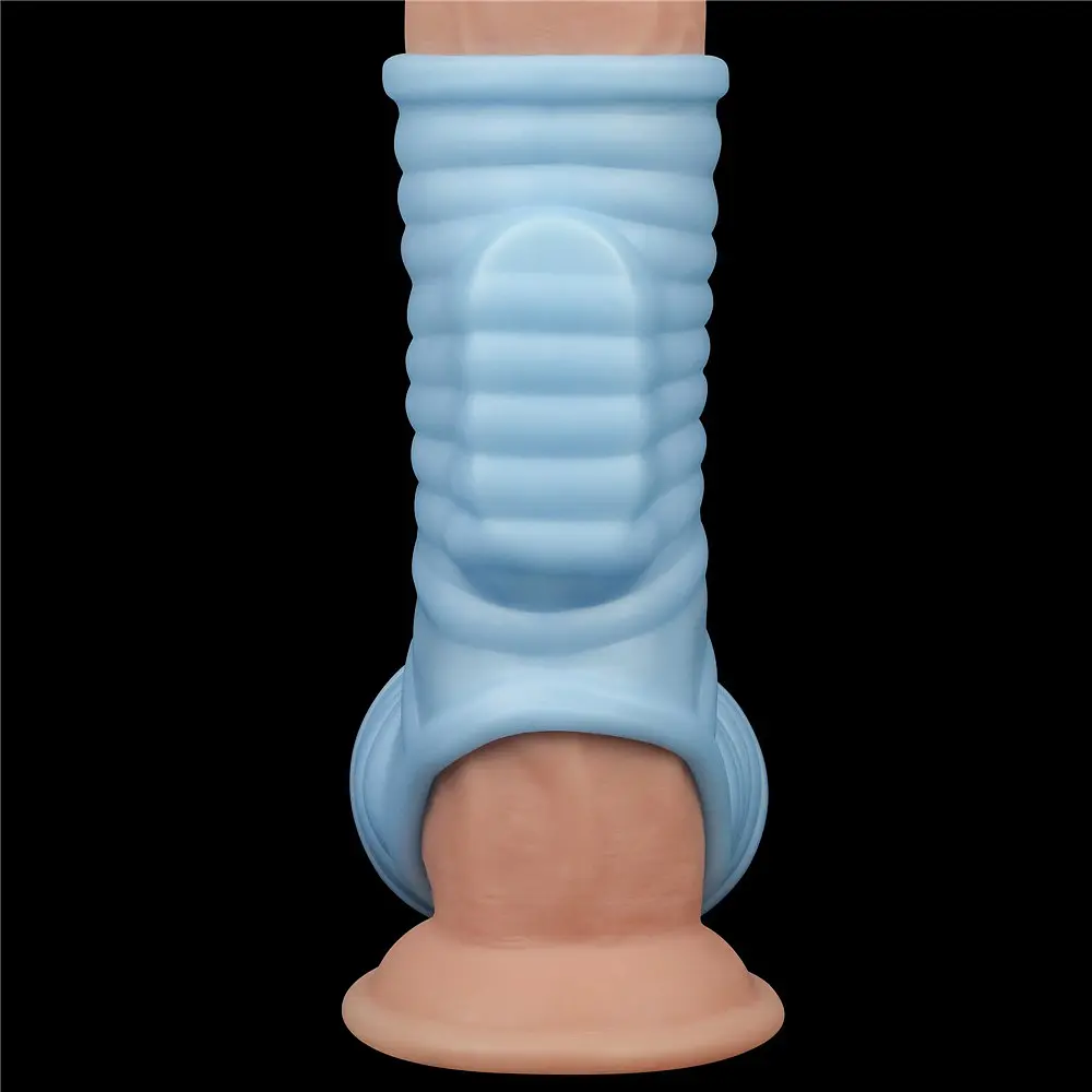 Насадка на пеніс з вібрацією Lovetoy Knights Ring Vibrating Wave With Scrotum Sleeve 14.4 см блакитний - фото 4
