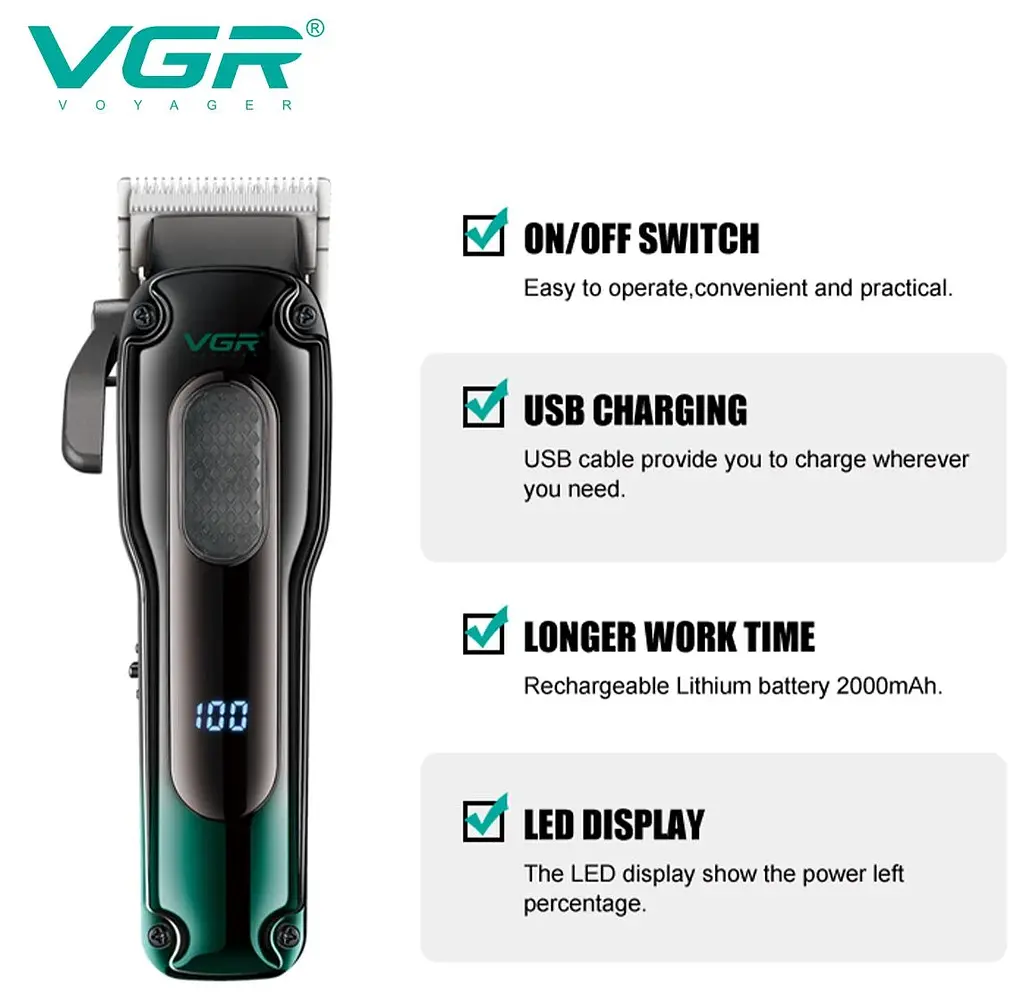 Машинка для стрижки VGR V-013 тример з 8 насадками дисплей 6500 об/хв Чорна із Зеленим 5 Вт - фото 3