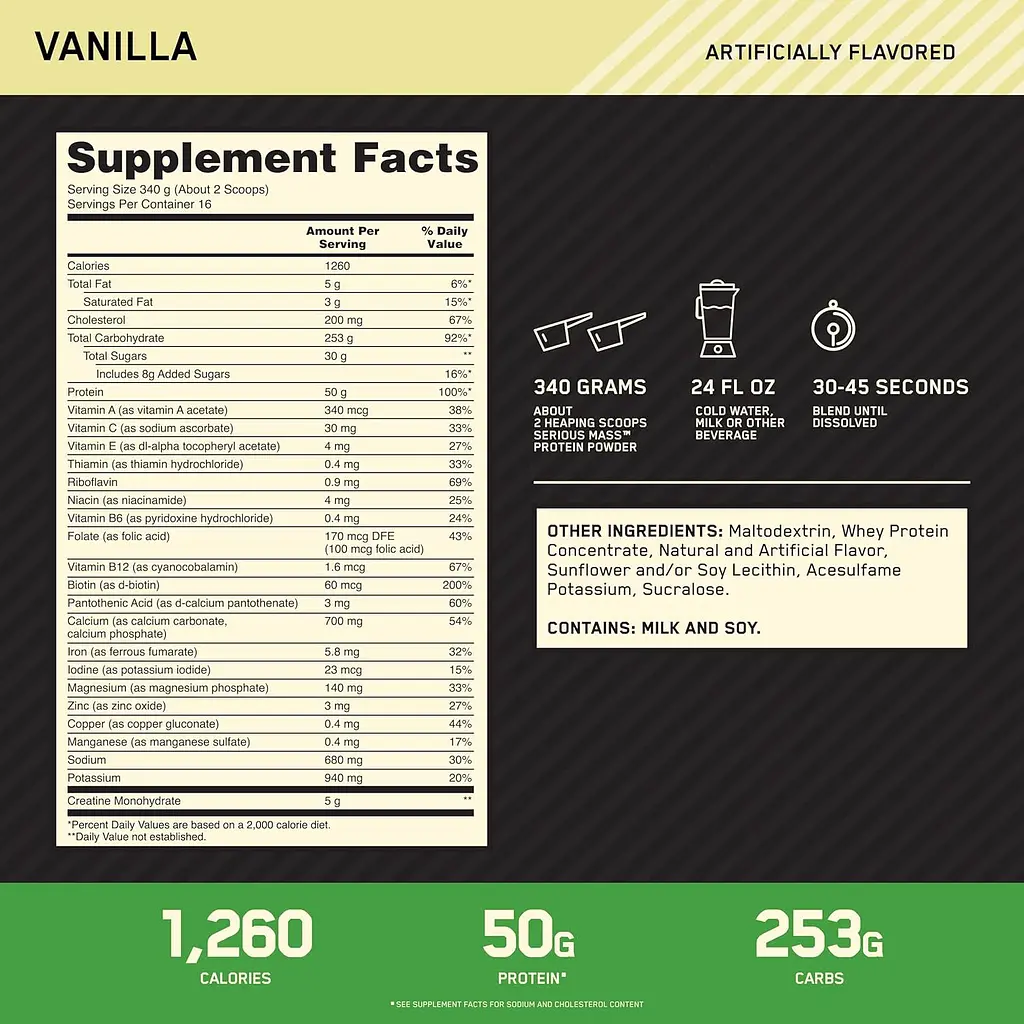 Гейнер Optimum Nutrition Serious Mass Vanilla 5.443 кг - фото 2
