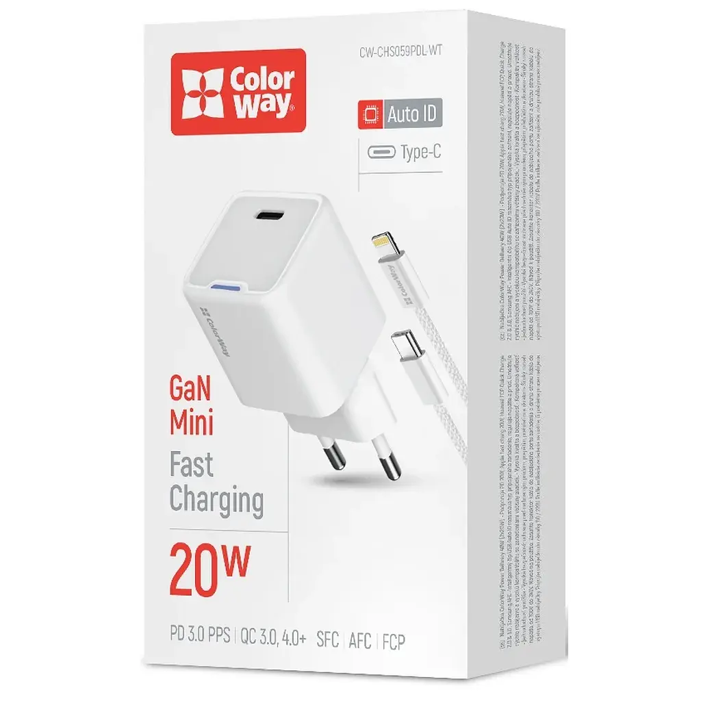 Зарядний пристрій ColorWay C101D GaN Mini 20W PD PPS USB-C + cable USB-C to Lightning white (CW-CHS059PDL-WT) - фото 6