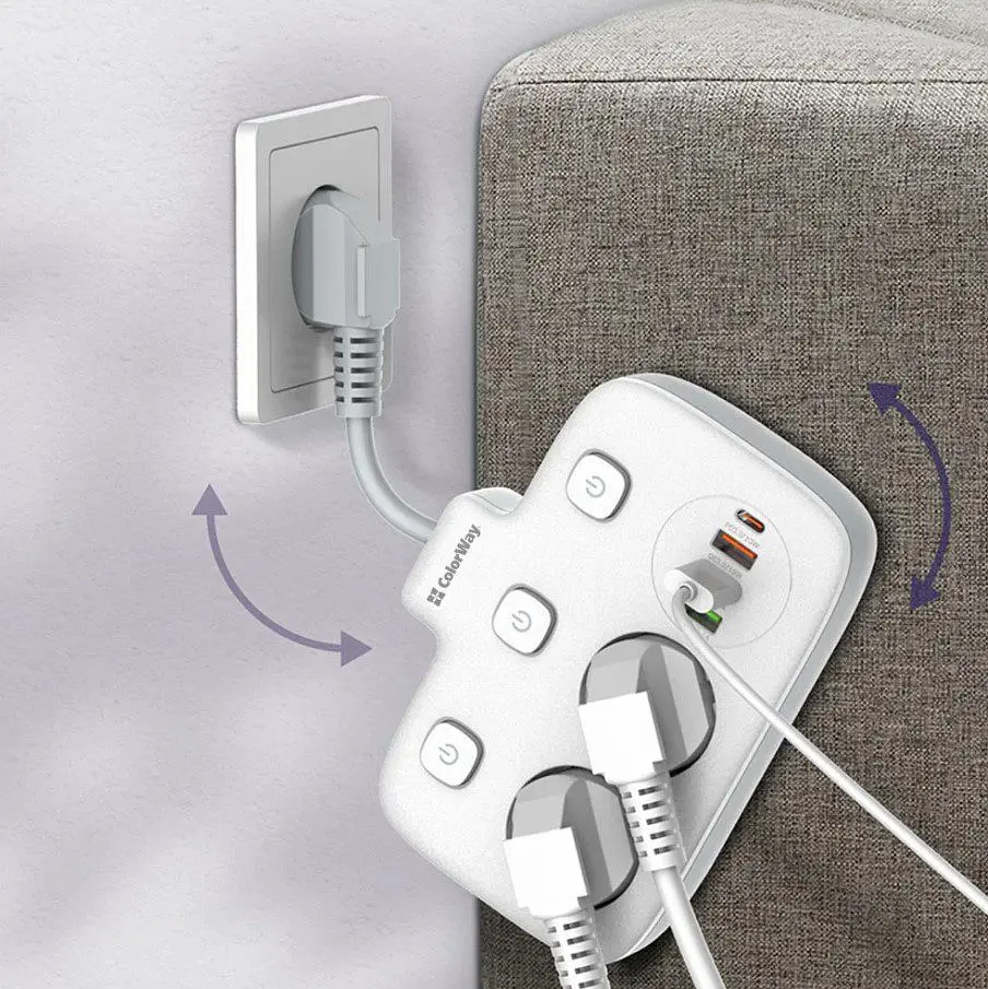 Мережевий фільтр-адаптер ColorWay CHE-24-PDW 20W, 2x220V, 3xUSB-A, 1xUSB-C - фото 7