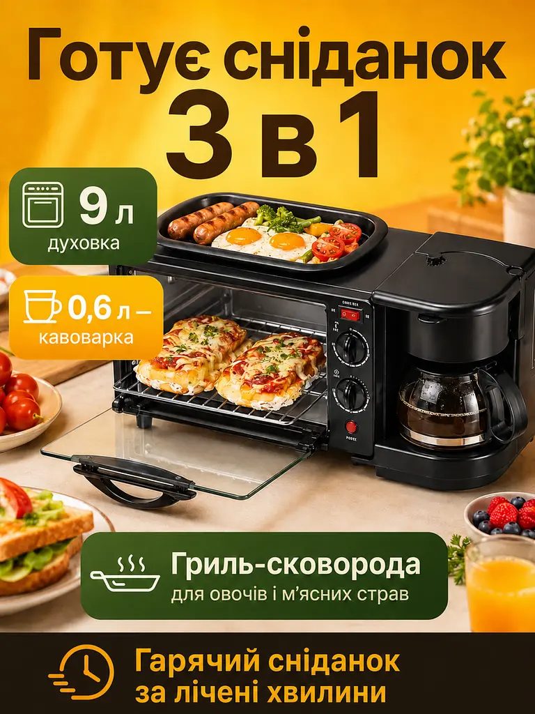 Багатофункціональна машина для сніданку 3в1 електрична міні-піч з кавоваркою та гриль-сковородою (26276276) - фото 2