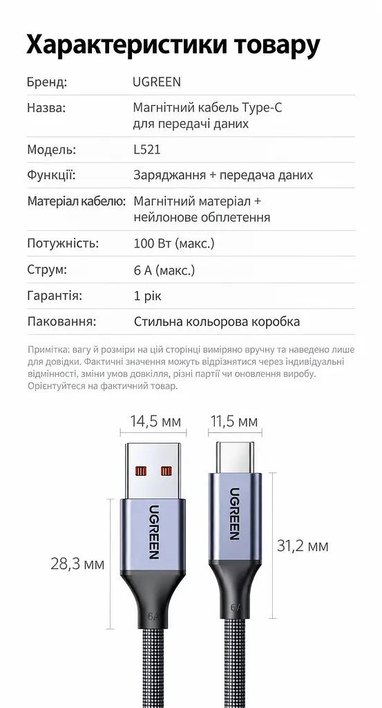 Кабель UGREEN L521 магнітний USB-A - USB-C 100 Вт 1 м темно-синій (55518) - фото 2