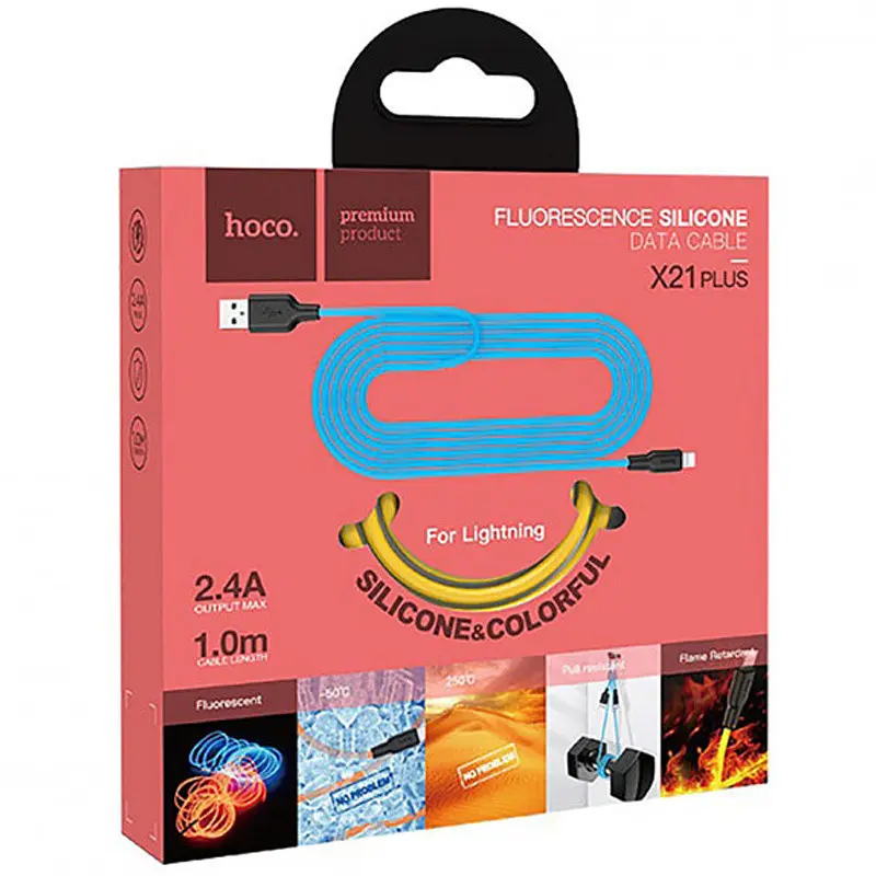 USB Cable Hoco X21 Plus Fluorescent Lightning Yellow 1m - фото 4