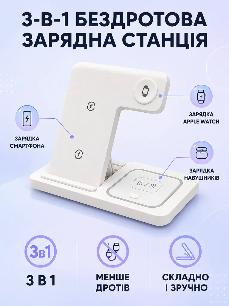 Беспроводная зарядная станция 3 в 1 15 W для iPhone, Apple Watch и AirPods белая (49676321) - фото 2