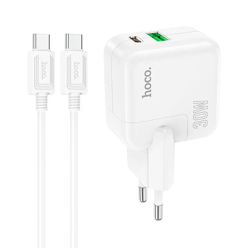 Адаптер сетевой HOCO Type-C to Type-C Cable Lucky dual-port charger set C111A 1USB/1Type-C, 30W/3A, PD/QC