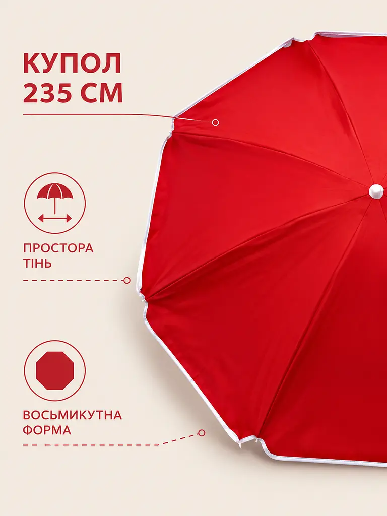 Парасолька туристична пляжна 235 см червона з чохлом для риболовлі, кемпінгу, пікніка та відпочинку (49676247) - фото 4