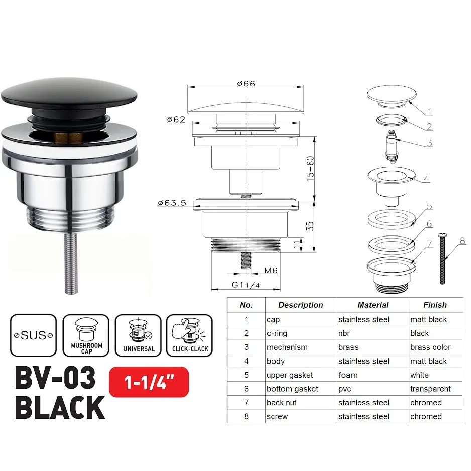 Донний клапан для раковини Zerix BV-03 універсальний Click-Clack 1 1/4″ black ZX6020 - фото 8