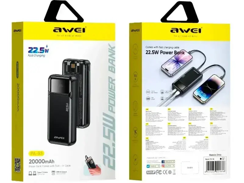 Зовнішній акумулятор (Power Bank) Awei PA-93 20000mAh 22.5W Black - фото 4