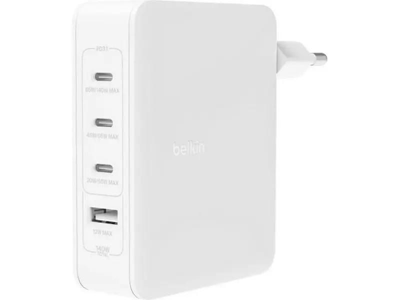 Мережевий зарядний пристрій Belkin 140 W 3xUSB-C GAN PD PPS, USB-A White (WCH014BTWH) - фото 2
