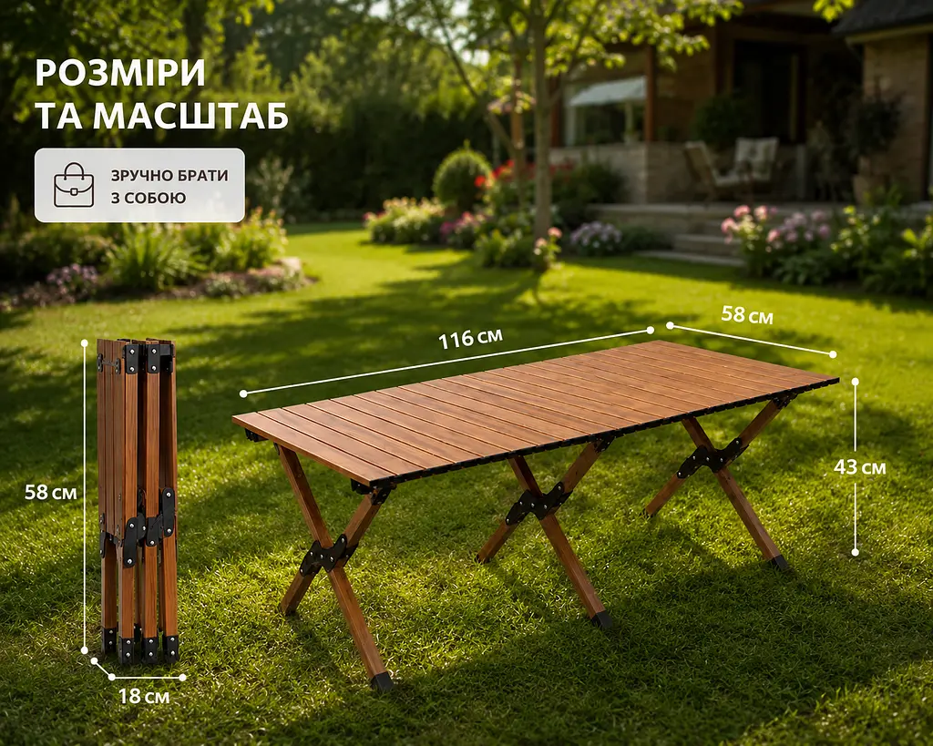 Стіл складаний туристичний 116х58х43 см Коричневий / Стіл для пікніка, кемпінгу з чохлом - фото 4