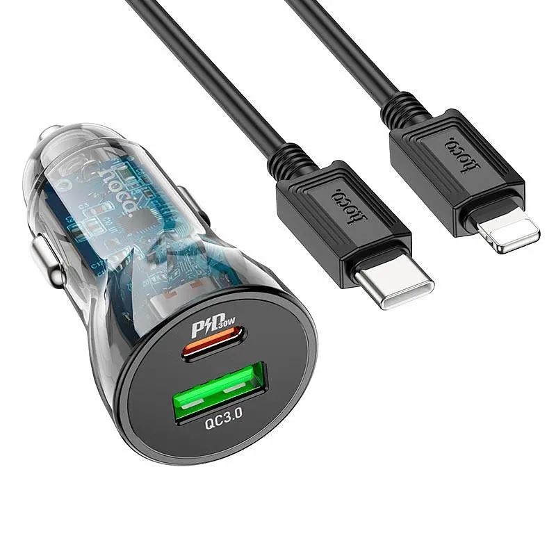 Адаптер автомобільний Hoco Type-C to Lightning CableTransparent Discovery Edition dual port Z47A 1USB/1Type-C, QC/PD, 30W/3A - фото 2