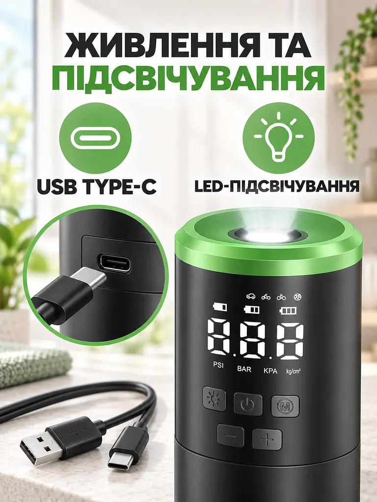Автомобільний компресор акумуляторний з цифровим манометром, автостопом, LED та набором насадок, чорно-зелений (49676386) - фото 5