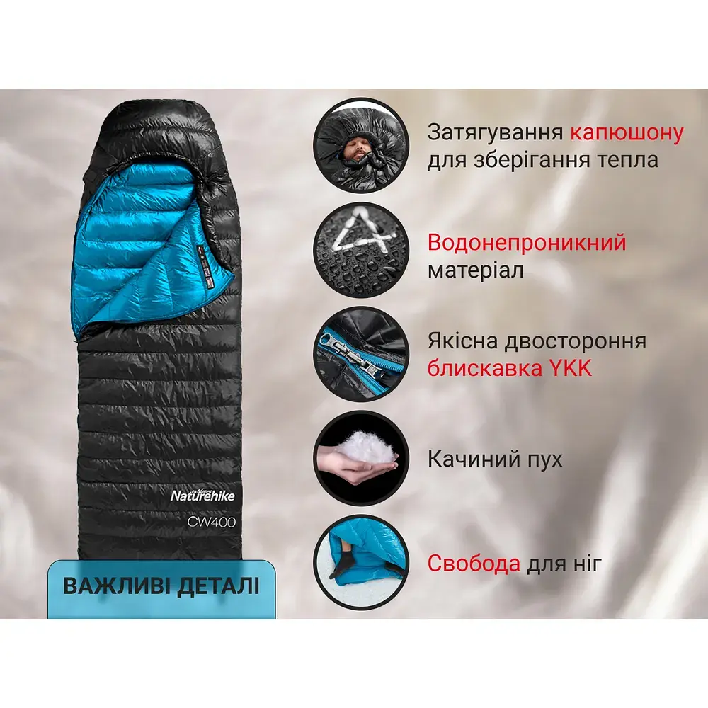 Спальник з натуральним пухом Naturehike CW400 NH18C400-D розмір L чорно-блакитний - фото 12