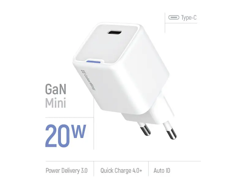 Мережевий зарядний пристрій ColorWay GaN Mini 20 W White (CW-CHS059PD-WT) - фото 3